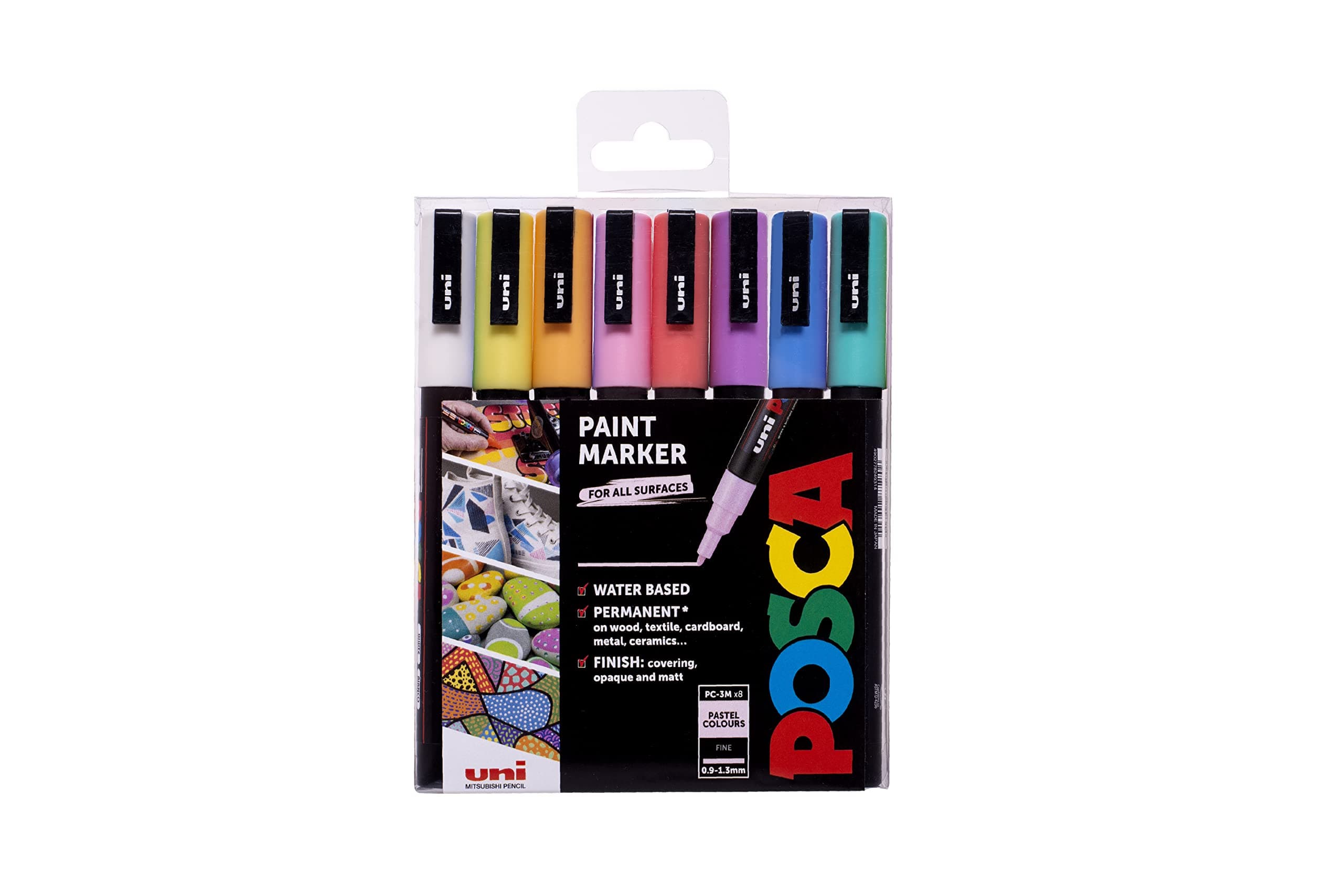 Pens PC-3M Fine Acrylic Coloured Permanent Paint Markers for Adults. Perfect for Colouring, Fabric, Graffiti, Watercolour, Outline Drawing, Window and Glass Art. 8 Pack