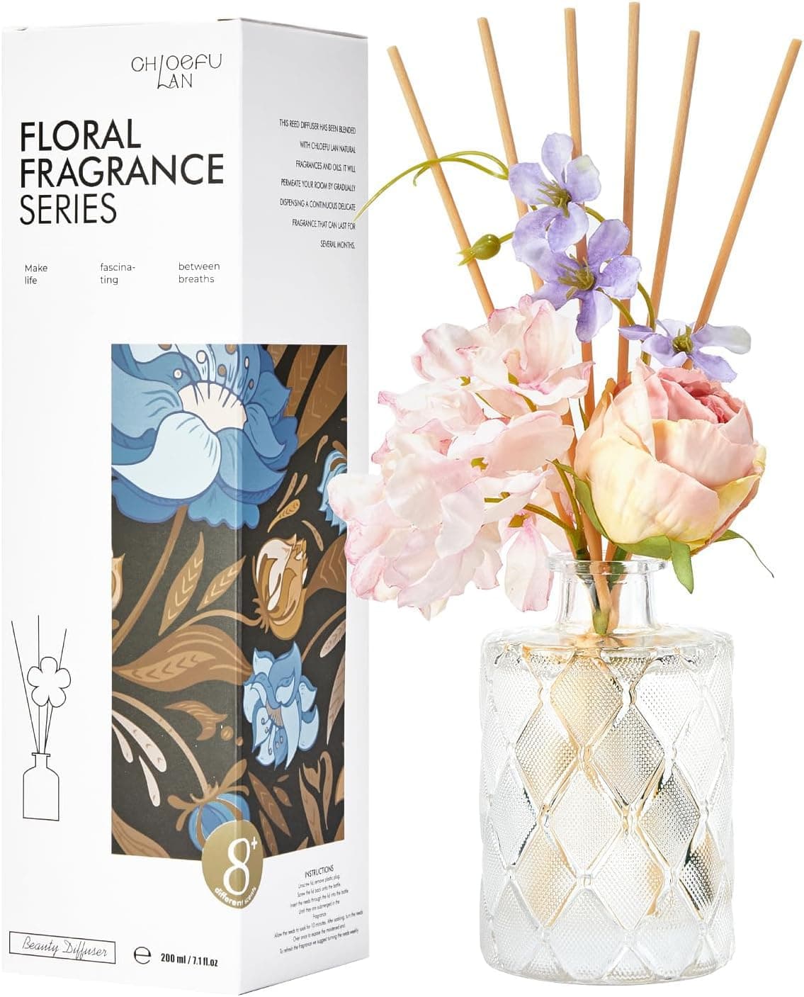 Chloefu Lan Rose Reéd Diffuser Set 6.7oz (200ml) with 9 Sticks, Oud Scent Diffusers for Home, Pink Flowers Reéd Diffuser Sticks, Scentsy Home Fragrance, Scented Oils, Office & Bathroom Décor
