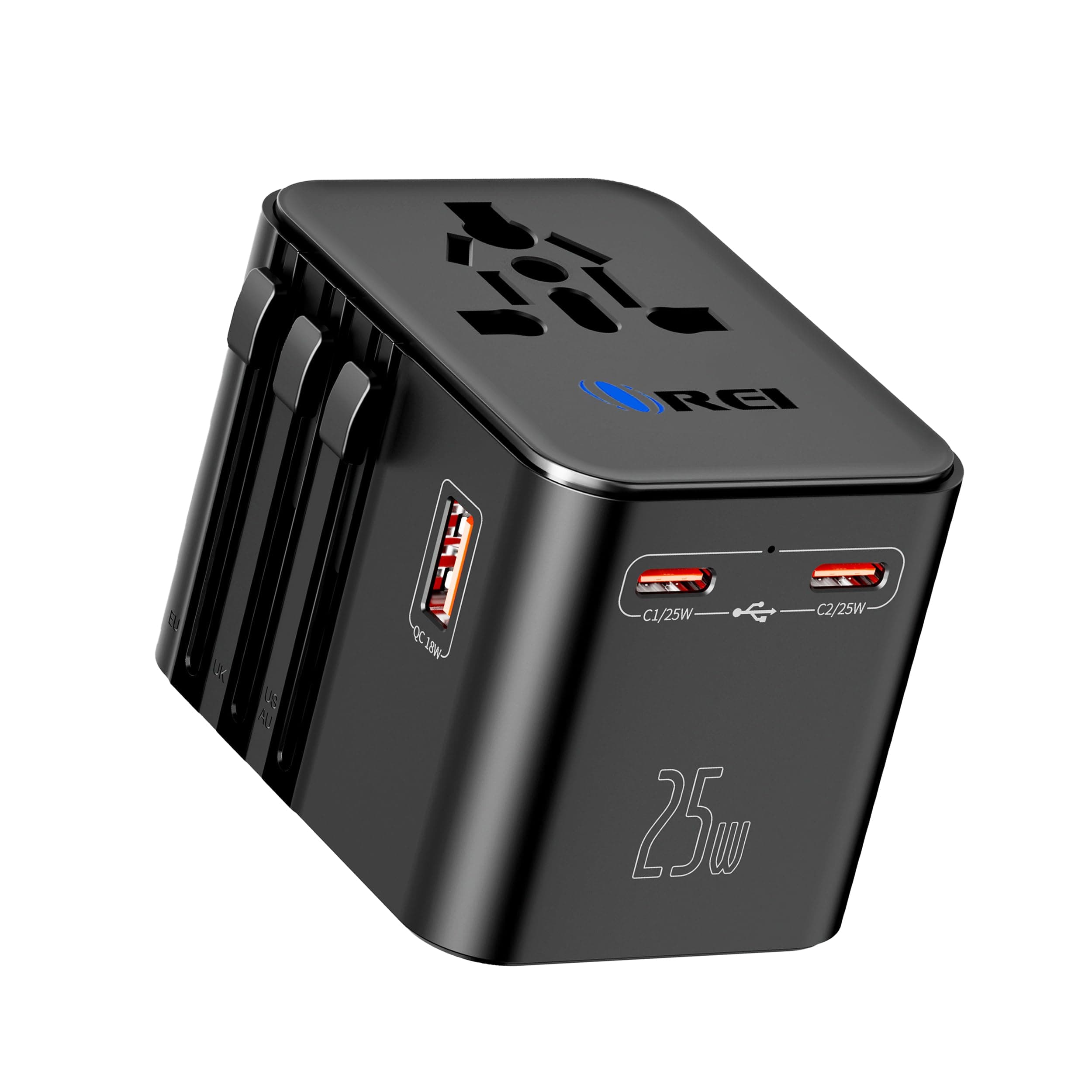 Orei 25Watt Universal Charger Adapter | 2X USBC 1XUSB A - 4-in-1 International Travel Adapter | Universal Travel Adapter Compatible 150+ Countries | Type C, A, G, I Compatible, Black