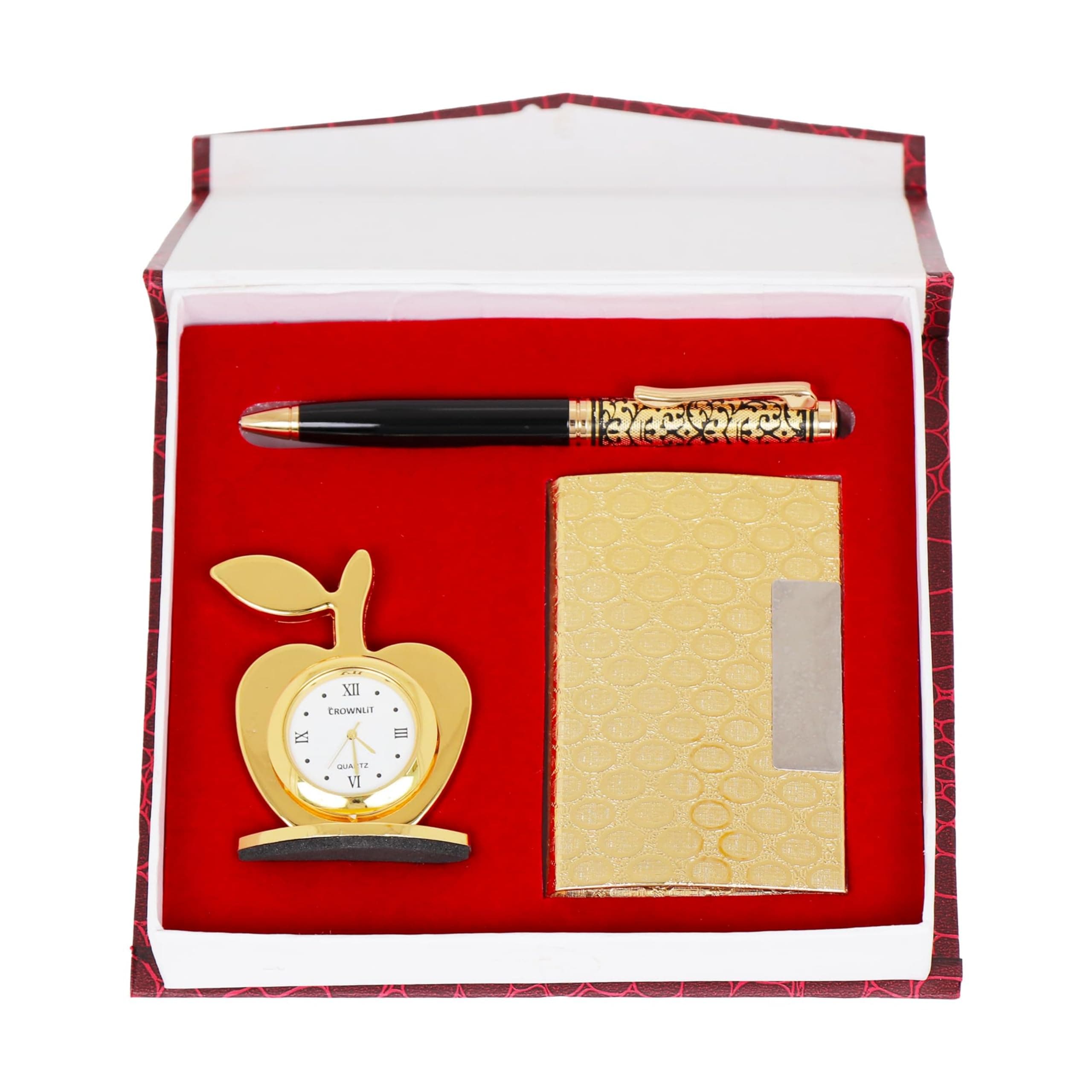 3 in 1 Apple Shape Clock, Card Holder with Premium Metal Pen for Gifting (Improved Version) | New Year Gift | Corporate Gifts |