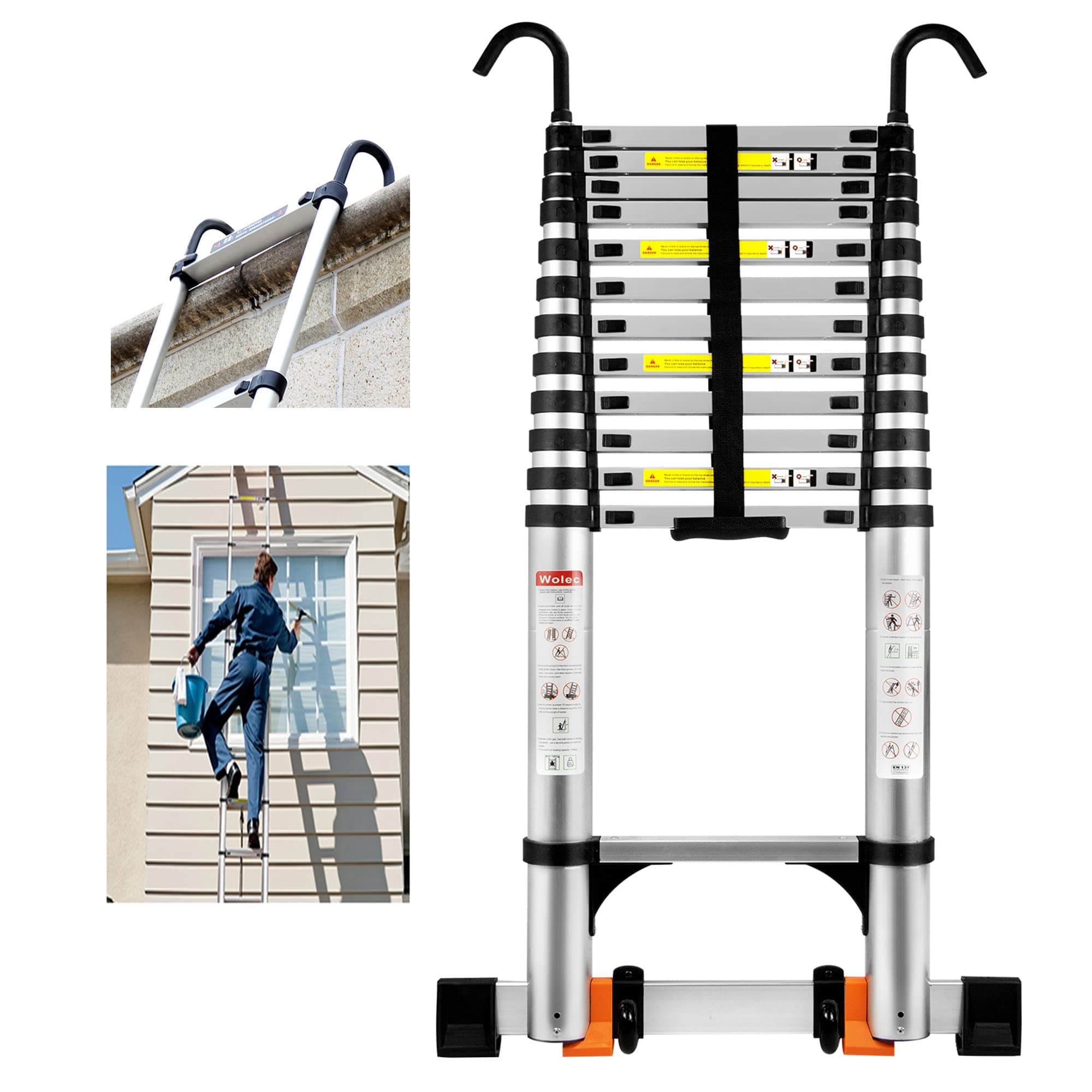 16.5 FT Telescoping Ladder with Hooks, Adjustable Multi-Purpose Collapsible Extension with Stabilizers & Wheels, Heavy Duty 330 lbs Max Capacity, Ideal for Home and Outdoor Work,Silver