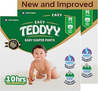TEDDYY Baby Easy Medium Diaper Pants 148 Count (Pack of 2), 7-12 kgs, 10 hrs Leak Protection, Anti - Bacterial