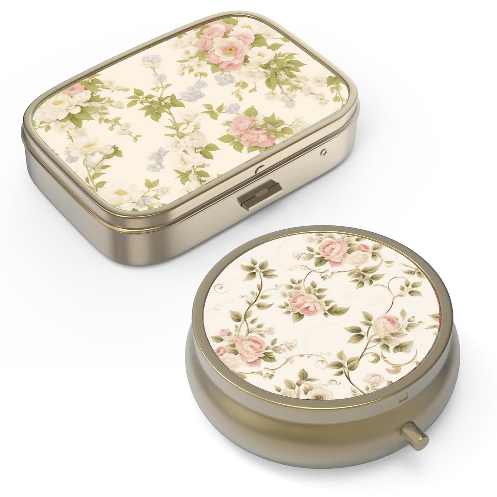 Pill Organizer Pill Box with Mirror Retro Small Pill Case for Purse or Pocket Bronze Pill Box or Vitamins, Fish Oil, Supplements, Pill Containe Travel Gifts(2PCS-Vintage Floral)