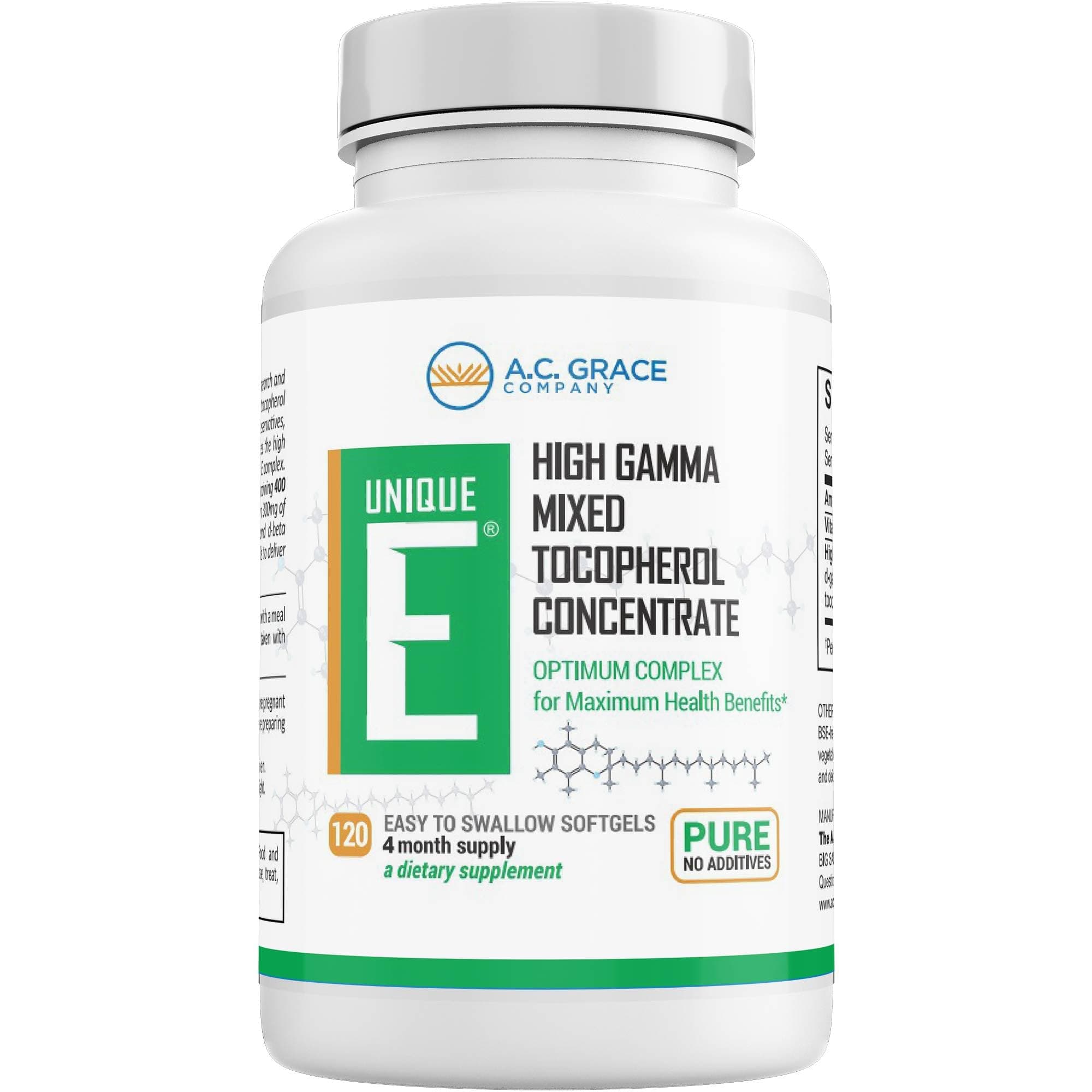 UNIQUE E A.C. Grace Company Mixed Tocopherols 120 Soft Gels, Supports Healthy Brain Function, General Health, and Aging Support, All-Natural Vitamin E and Kosher