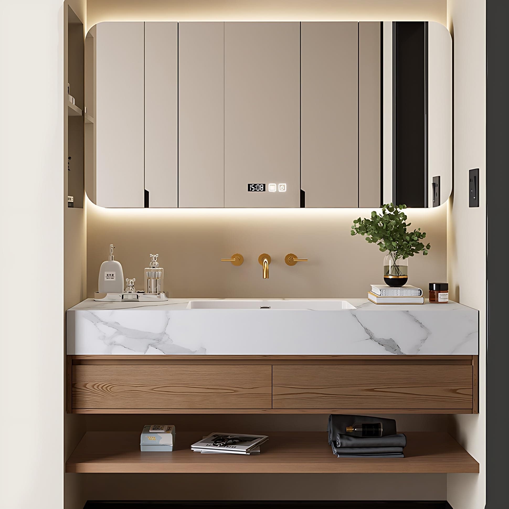 Floating Bathroom Vanity with Sink - Modern Bathroom Vanity | Includes Smart Defogging Medicine Cabinet | Multi-Layer Solid Wood | Wall Mount (Yellow, 88 in)