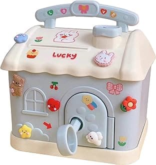 Kawaii Piggy Bank with Stickers and Patches Kawaii Money Bank for Paper Money and Coins Cute Cream House Gadgets Storage Box for School Girls and Teens Large Capacity with Key (Blue)