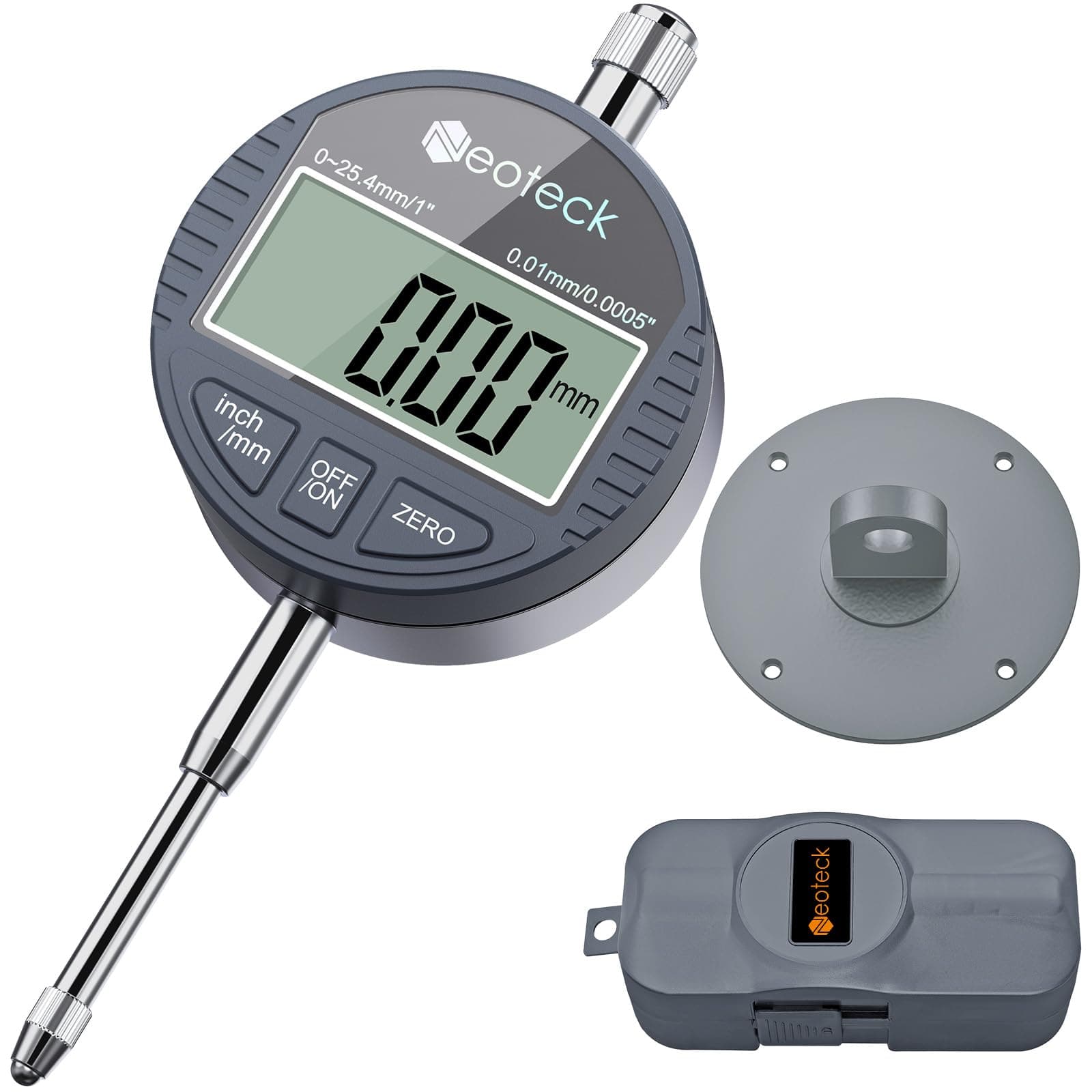 Neoteck DTI Digital Dial Indicator 0.01/0.0005'' Digital Probe Indicator Dial Test Gauge Range 0-25.4mm/1'' Dial Test Indicators Electronic Indicator Gauge-Gray