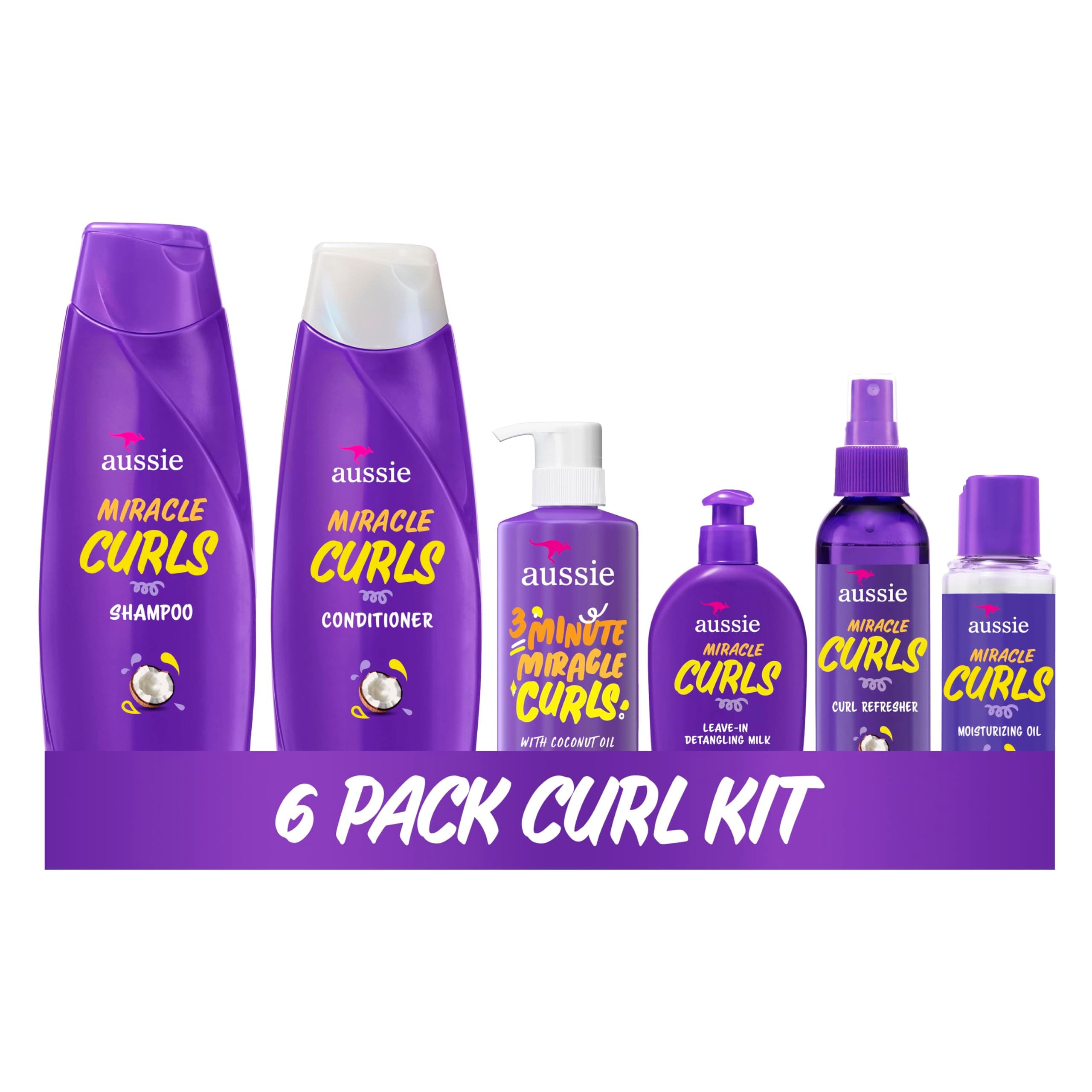 Miracle Curls Set: Shampoo, Conditioner, Deep Hydration, Spray Gel, Detangling Milk, and Oil Hair Treatment, Curl Oil, Coconut & Jojoba, Frizz Control, 6 Pieces