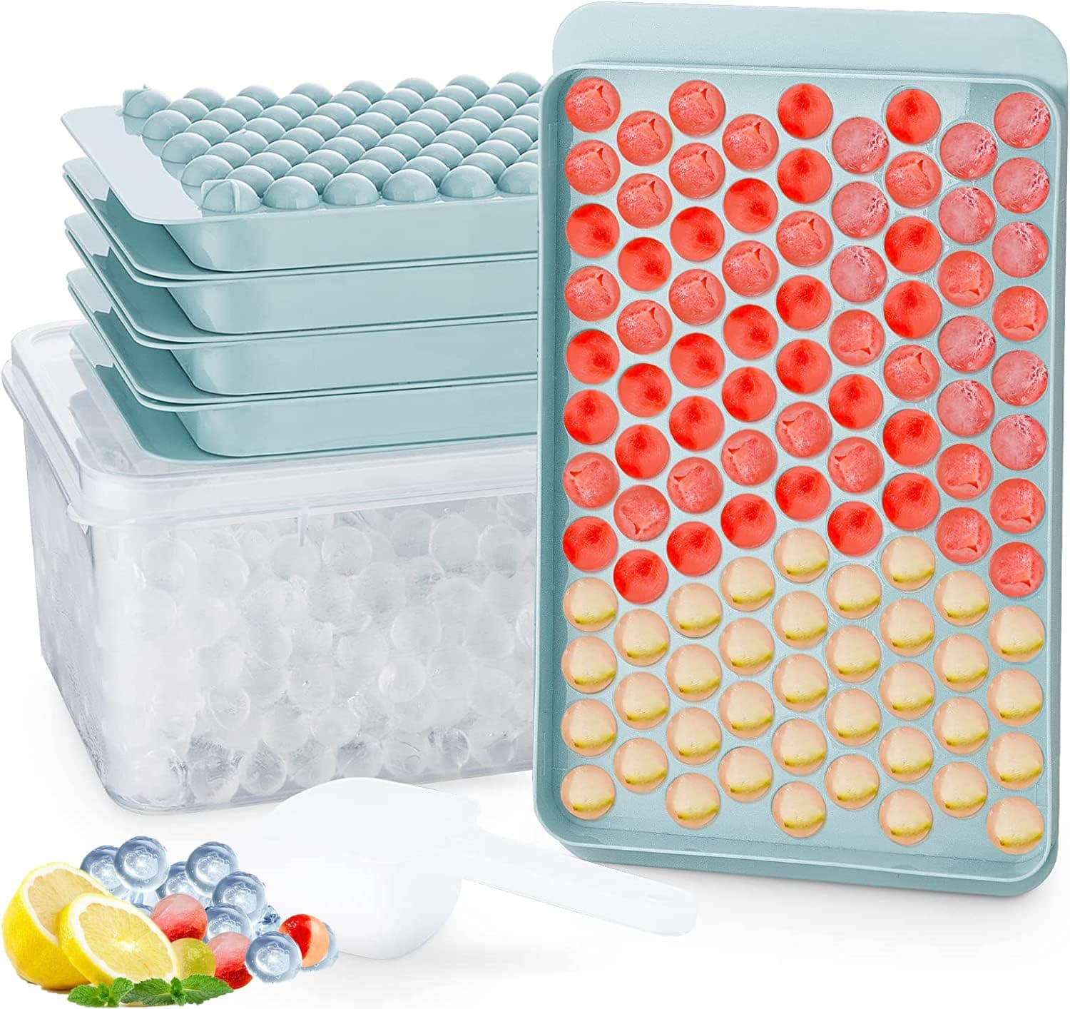 Ice Cube Tray, Round Ice Ball Maker Mold for Freezer, Stackable Ice Tray for Chilling Drinks Coffee Juice Whiskey Cocktail, Spill-Resistant Removable Lid & Ice Scoop (Style A)