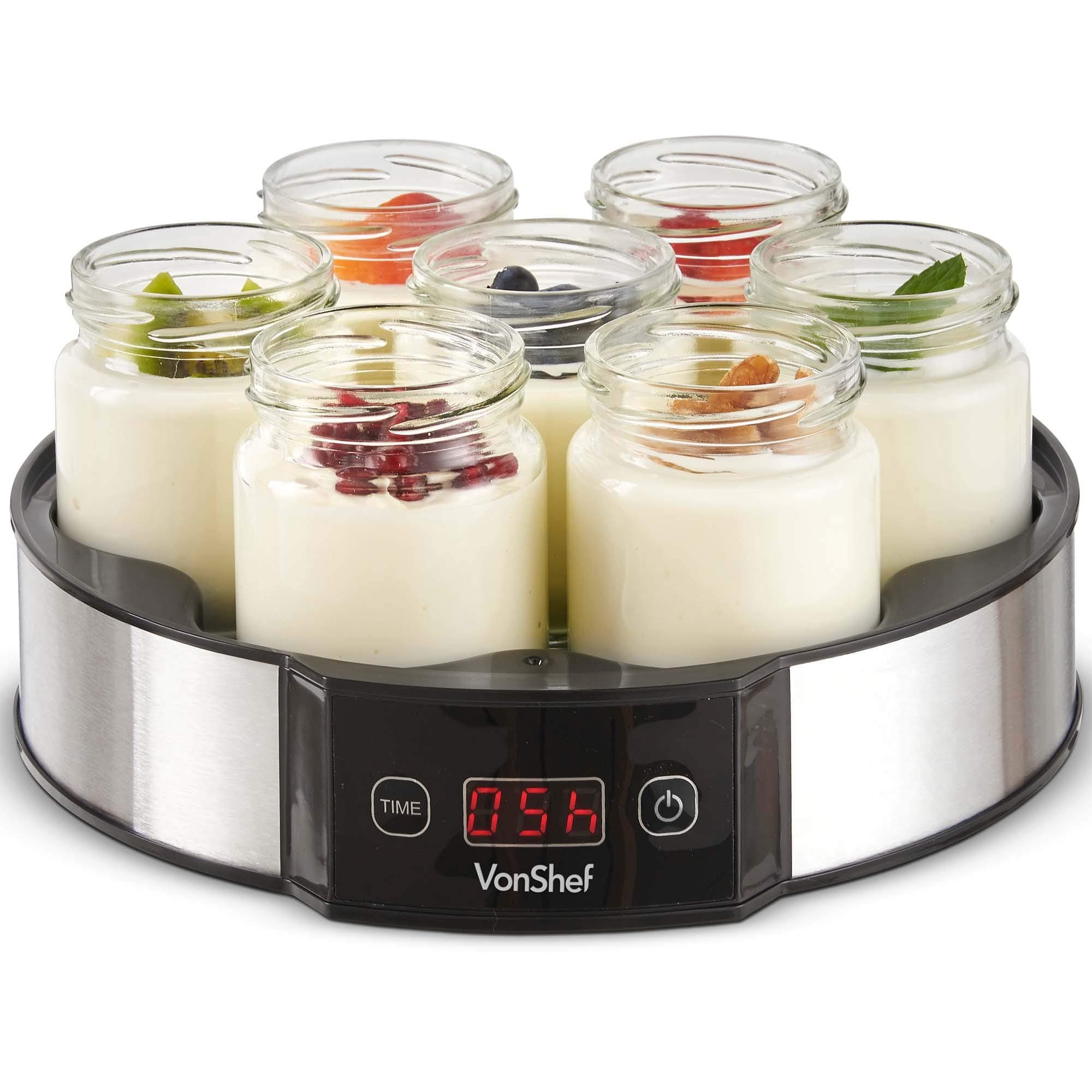 VonShef Digital Yoghurt Maker with 7 Jars – Electric, Compact, Stainless Steel Machine with LED Display & Timer, 180ml Glass Containers/Yoghurt Pots - For Making Fresh, Healthy Homemade Desserts