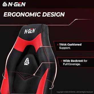 N-GEN Video Gaming Chair Ergonomic Computer Desk Office Chair with Lumbar Support Adjustable Height Swivel Wheels Flip-Up Arms PU Leather Home and Office (Red)