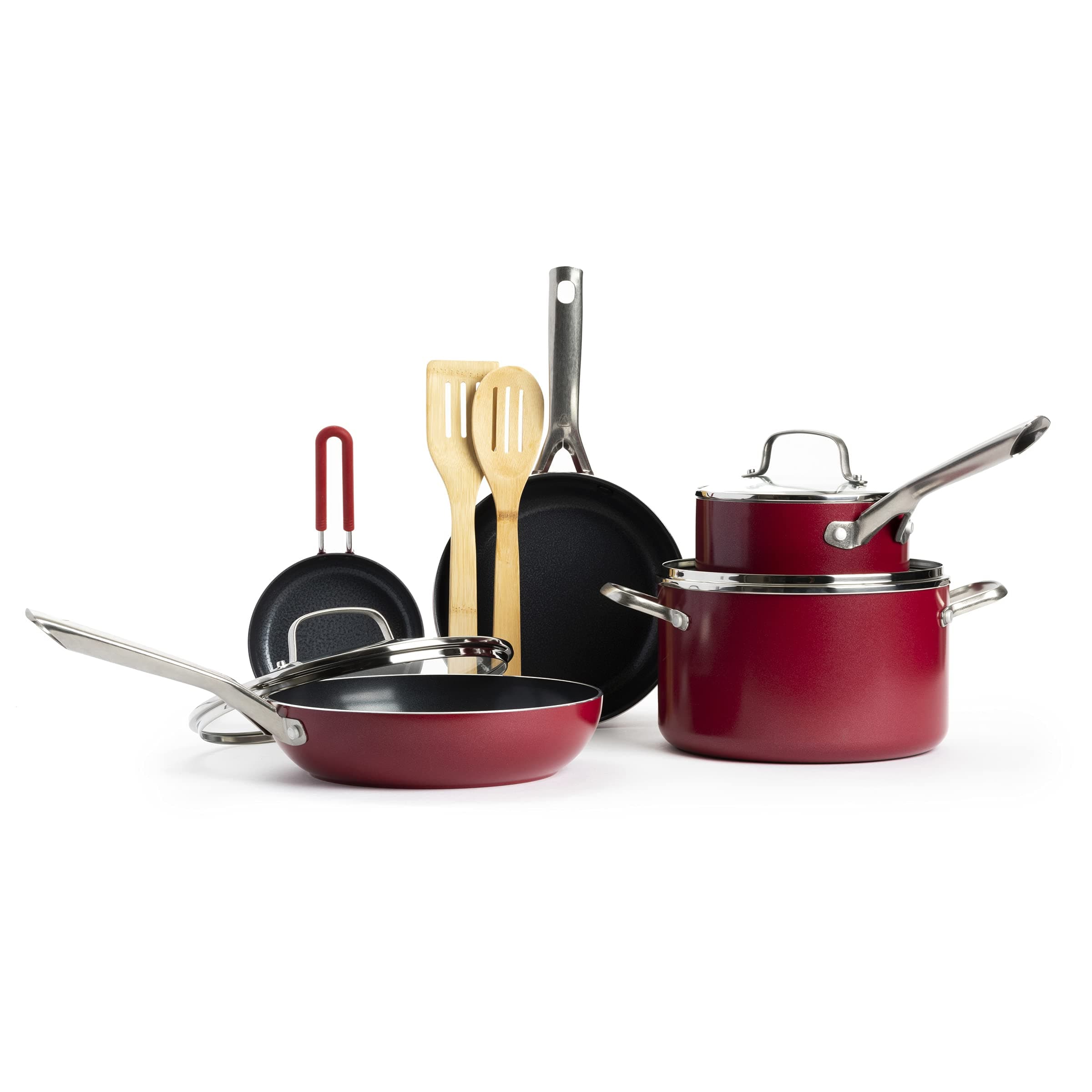 Textured Ceramic Nonstick, 10 Piece Cookware Pots and Pans Set with Stainless Steel Handles, PFAS PFOA & PTFE Free, Dishwasher Safe, Oven & Broiler Safe to 600 Degrees, Red