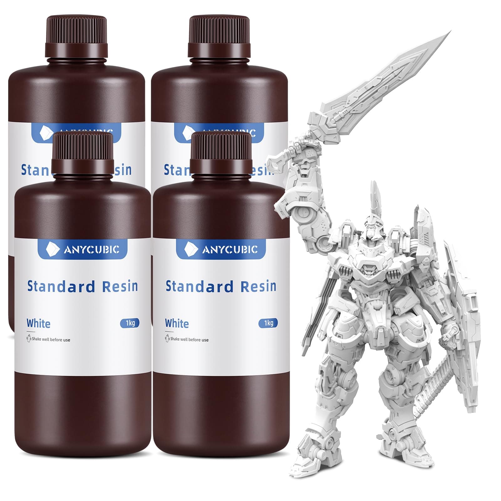 ANYCUBIC 3D Printer Resin Bundle, 405nm SLA UV-Curing Resin with High Precision and Quick Curing & Excellent Fluidity for LCD 3D Printing (4Packs*1kg White, 4kg in Total)