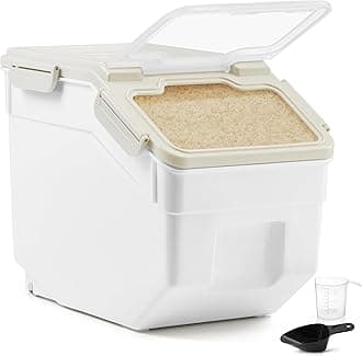 ABOUT SPACE Silicone, Plastic 10-Kg-Airtight Rice Storage Container with Measuring Cup & Rice Shovel-Rice Barrel Dispenser-Moisture Proof Kitchen Organiser for Cereals,Pulses&Pet Food, White