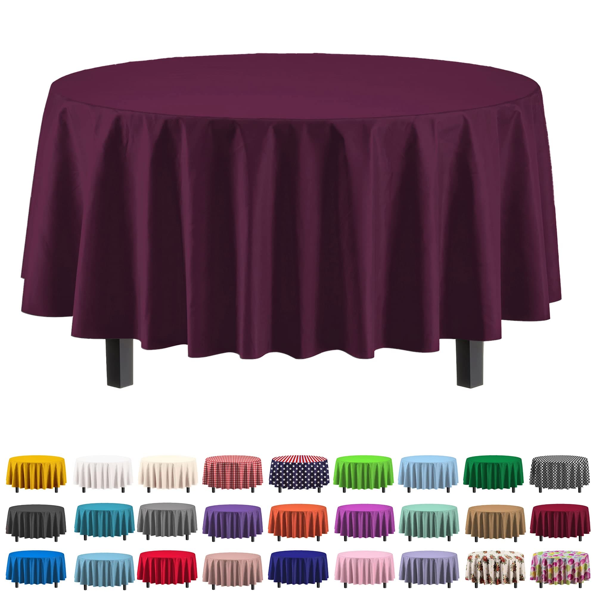 12-Pack Premium Plastic Tablecloth 84in. Round Table Cover - Plum