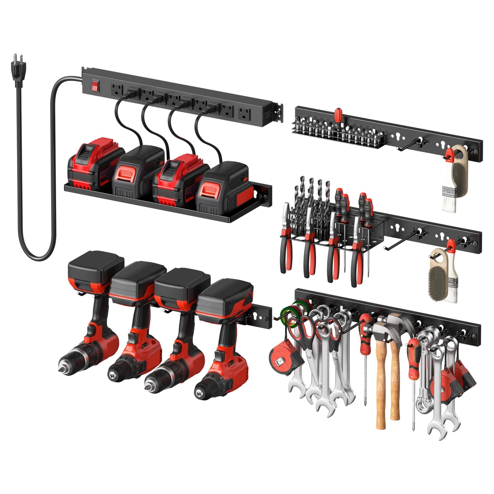 CCCEI Pegboard Tools Organizer with Power Strip, Wall Mount Metal Garage Storage and Organization System, with Hooks Tool Hangers, for Drills and Power Tools Battery, Screwdriver and Bit, Black.