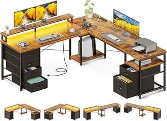 66" L Shaped Computer Desk, 113“ Reversible Home Office Desk with File Cabinet & 4 Fabric Drawers, Two Person Desk with LED Lights & Power Outlet, Corner Gaming Desk with Monitor Shelf, Vintage