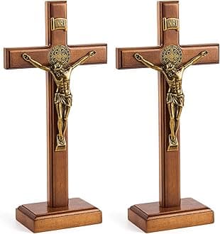 Leinuosen 10 Inch Wood Standing Cross Crucifix Wall and Table Catholic Wooden Cross Decor Jesus Christ Decoration for Home Baptism Communion Church(Golden,2 Pcs)