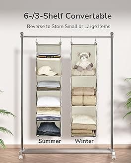 ULG 1 PC Hanging Closet Organizer, 3-in-1 to 6-in-1 Reversible Cloth Hanging Shelves with 6 Side Pockets & 2 Removable Drawers for Wardrobe Clothes Sweater Storage, Foldable, Ivory, Inseparable