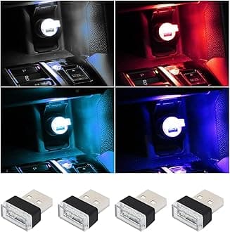 Augeny 4 PCS USB LED Car Interior Atmosphere Lamp, Plug-in USB Decor Night Light, Portable Auto Ambient Lighting Kit, Universal Vehicle Interior Accessories for Most Cars (White+Red+Blue+Ice Blue)