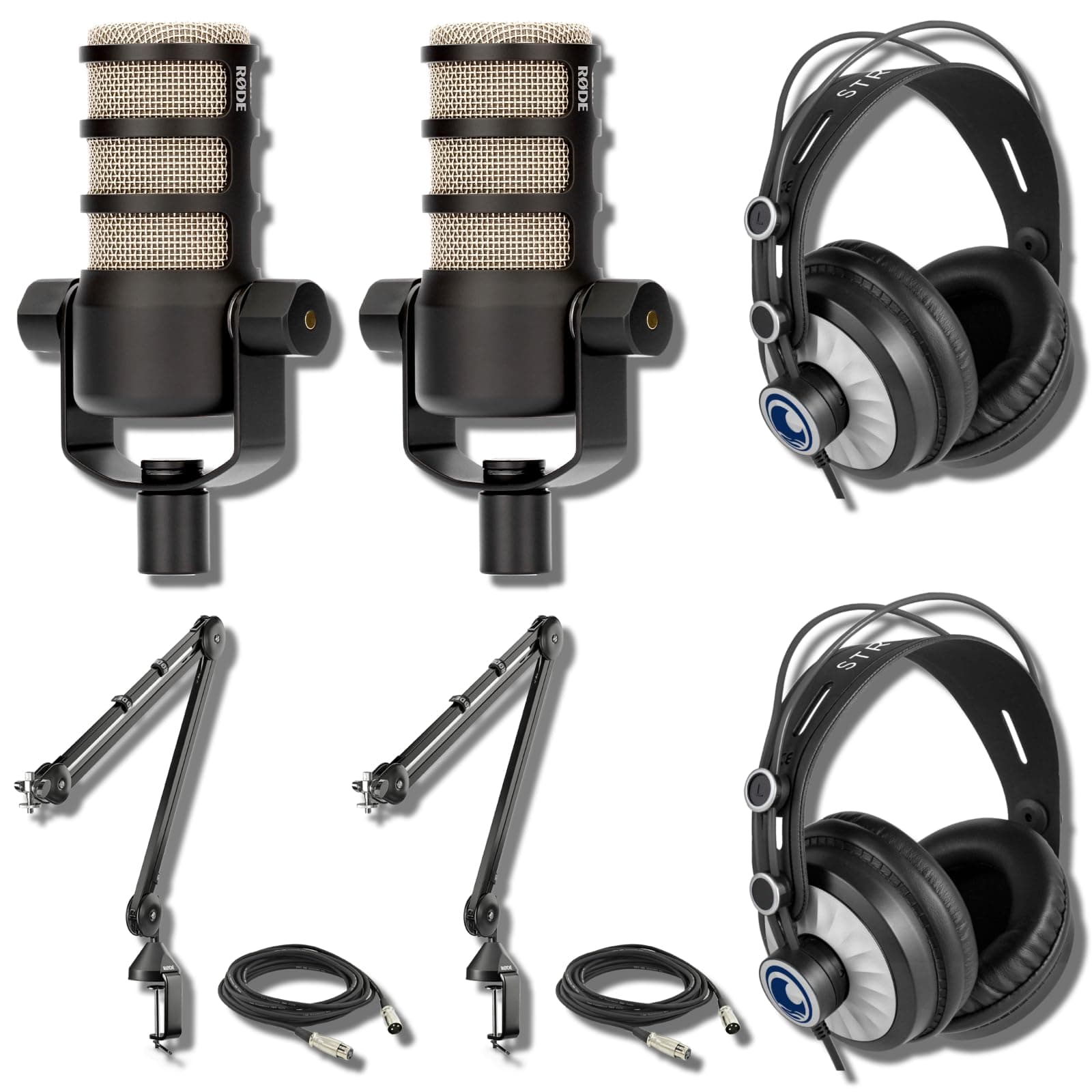 Rode PodMic Dynamic Podcasting Microphones (Pair) with Rode PSA1 Studio Microphone Arm, TH-02 Studio Graded Headphones, XLR Cables and StreamEye Polishing Cloth