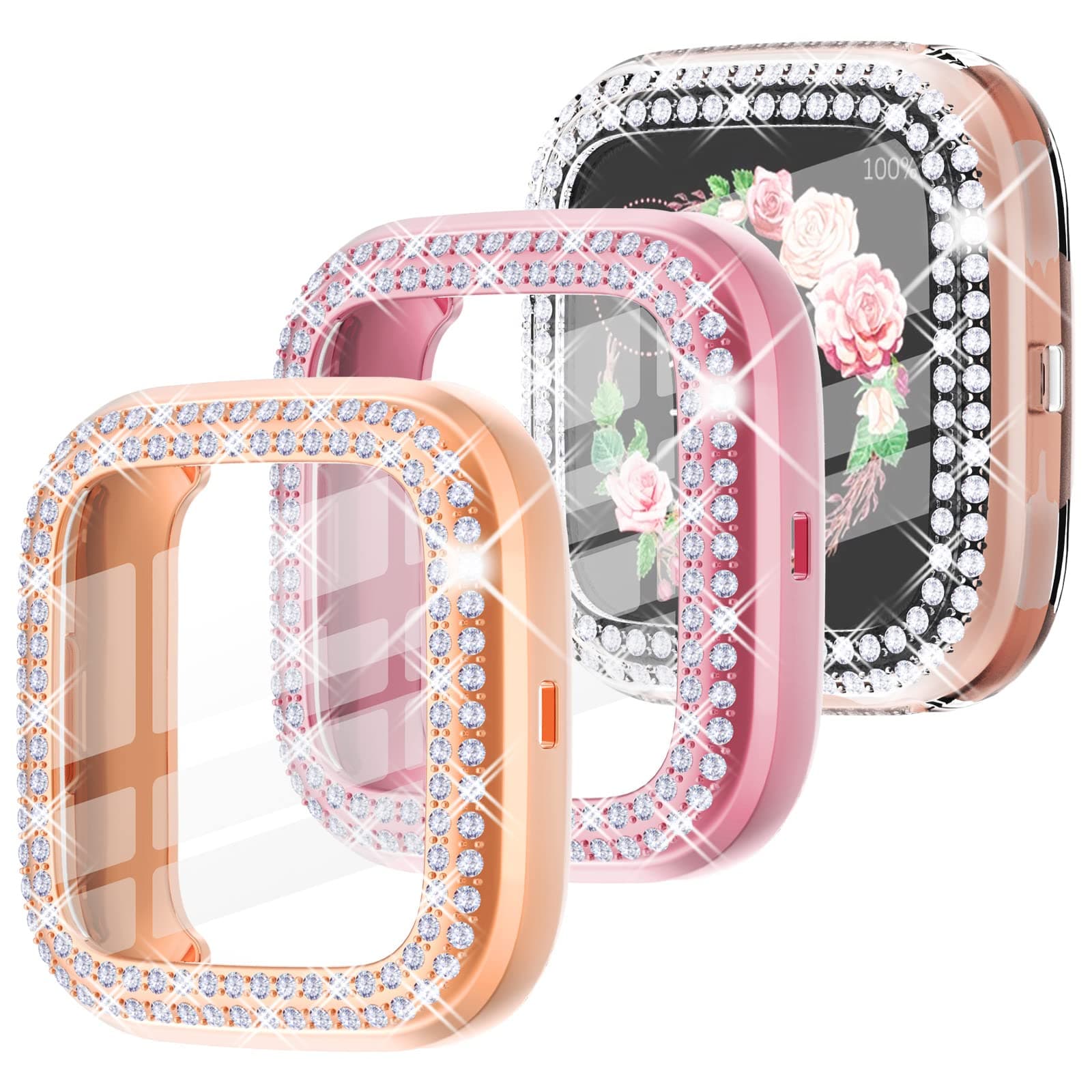WINGLE 3pack for Fitbit Versa 3 watch Screen Protector Case Women Bling versa 3 watch Case for Fitbit Versa 3 Screen Protector Cover Overall Soft Slim Protective Bumper Shell, Rose Gold/Pink/Clear