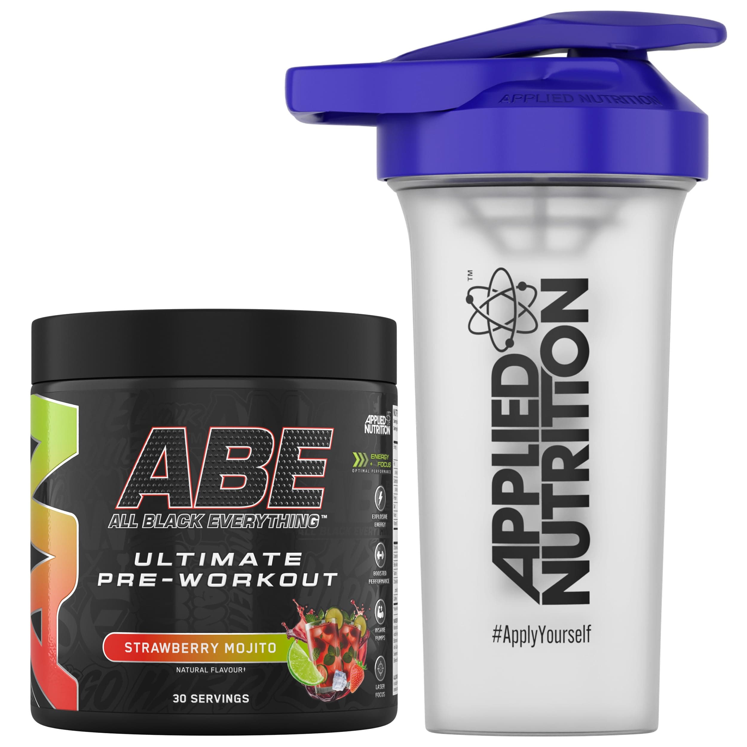 Bundle ABE Pre Workout 375g + 700ml Protein Shaker | All Black Everything Pre Workout Powder, Energy & Physical Performance with Creatine, Beta Alanine (Strawberry & Mojito)