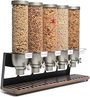 Rosseto EZ522 EZ-SERV 5 Container Table-Top Cereal Dispenser with Walnut Tray, 6.5-Gallon Capacity, 9" Length x 32.6" Width x 26" Height