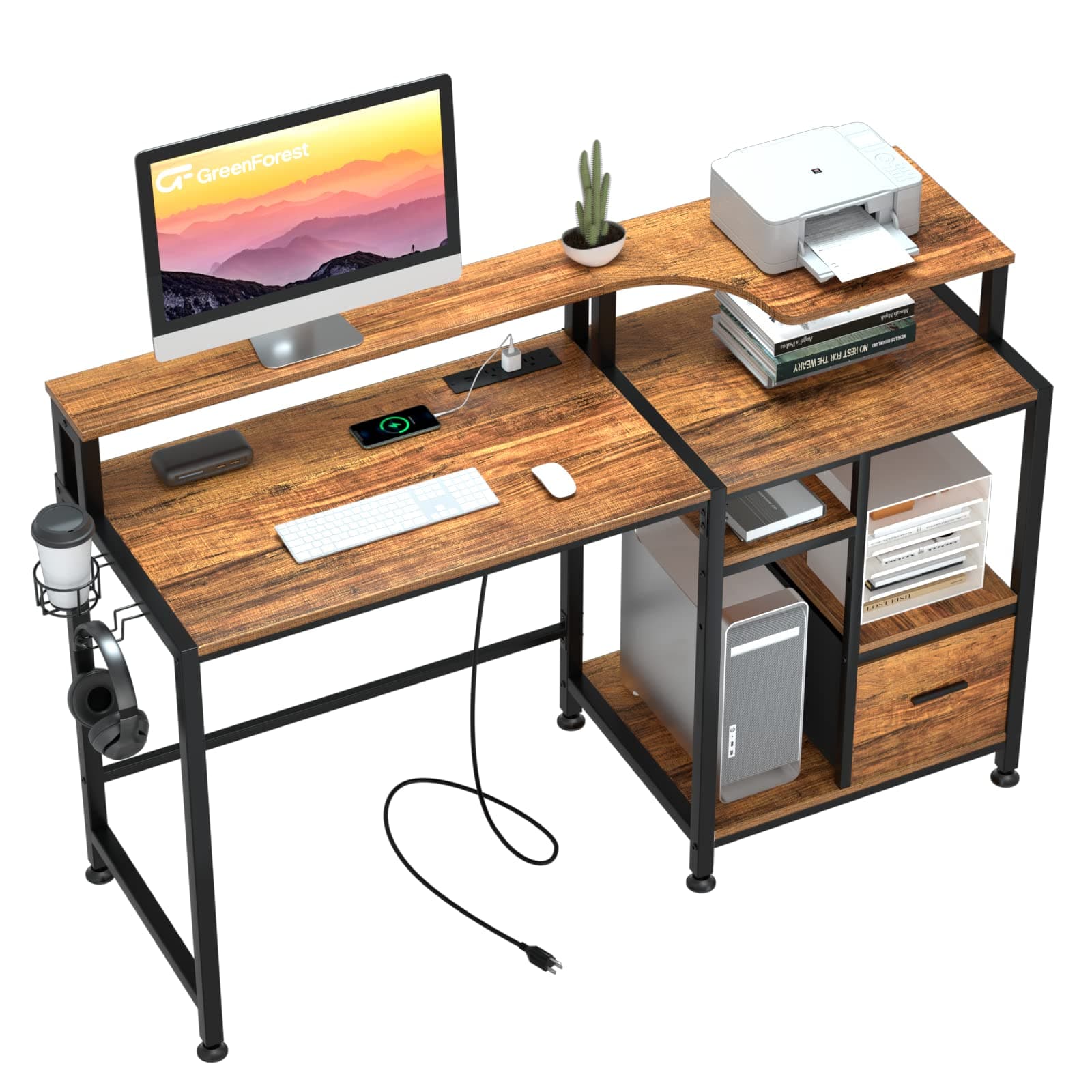 GreenForest Computer Desk with Drawers, Home Office Desk with Printer Shelf, 55 inches Desk with Storage, Writing Study Desk with Monitor Stand, Small Work Desk for Bedroom, Walnut
