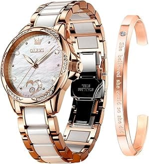 OLEVS Watch for Women Automatic Self Winding Mechanical Ladies Wrist Watch Big face Two Tone Stainless Steel Ceramic Bracelet Heart Diamond Fashion Luxury Ceramic Band Luminous Waterproof