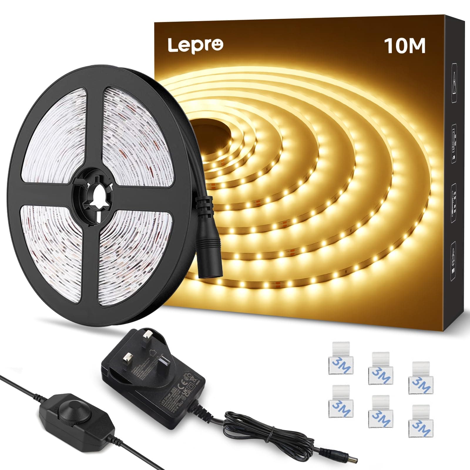 Lepro LED Strip Light Warm White 10M, 2000lm Dimmable LED Taple, 24V UK Plug in LED Strip with Dimmer Switch, 3000K Flexible Stick-on LED Lights for Bedroom, Kitchen, Cupboard, Shelf (1 Roll)