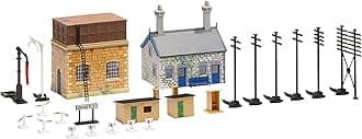 R8228 OO Gauge Building Extension Pack 2, Model Train Accessories for Adding Scenery & Buildings to Model Railway, Includes: Railway Cottage, Water Tower & Trackside Accessories - 1:76 Scale
