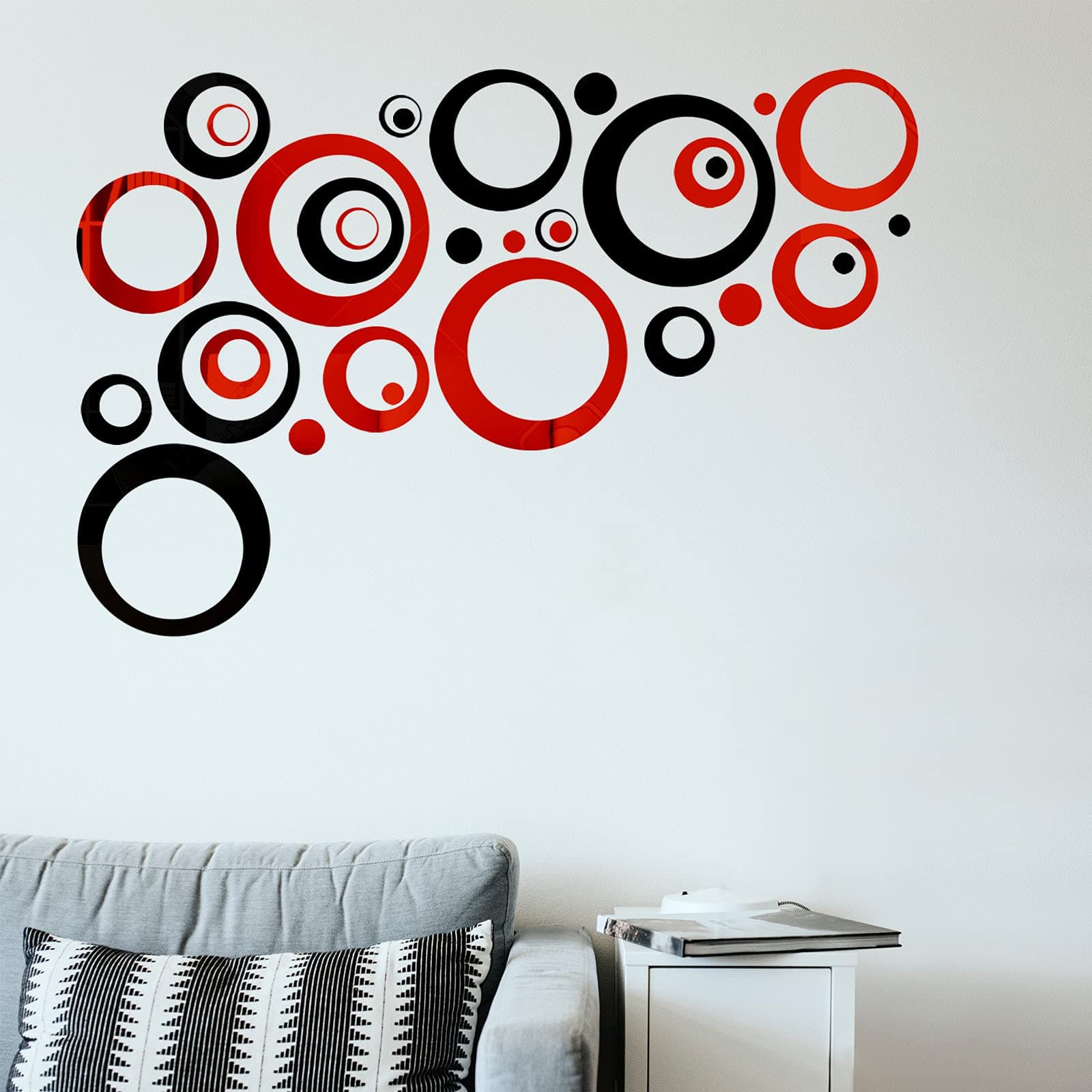 Shappy 32 Pieces Removable Circle Wall Mirror Sticker Round Decal Acrylic Setting for Home Living Room Bedroom Decor, 1.5-13.5 cm(Red and Black)