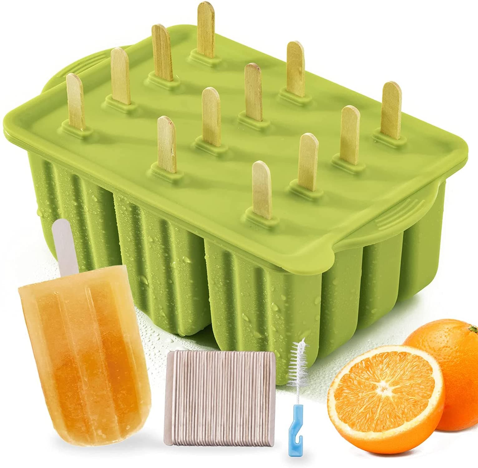 DELFINO Silicone Ice Pop Molds - 12 Piece Set, Easy-Release, BPA-Free, Includes 50 Popsicle Sticks & Cleaning Brush, Green