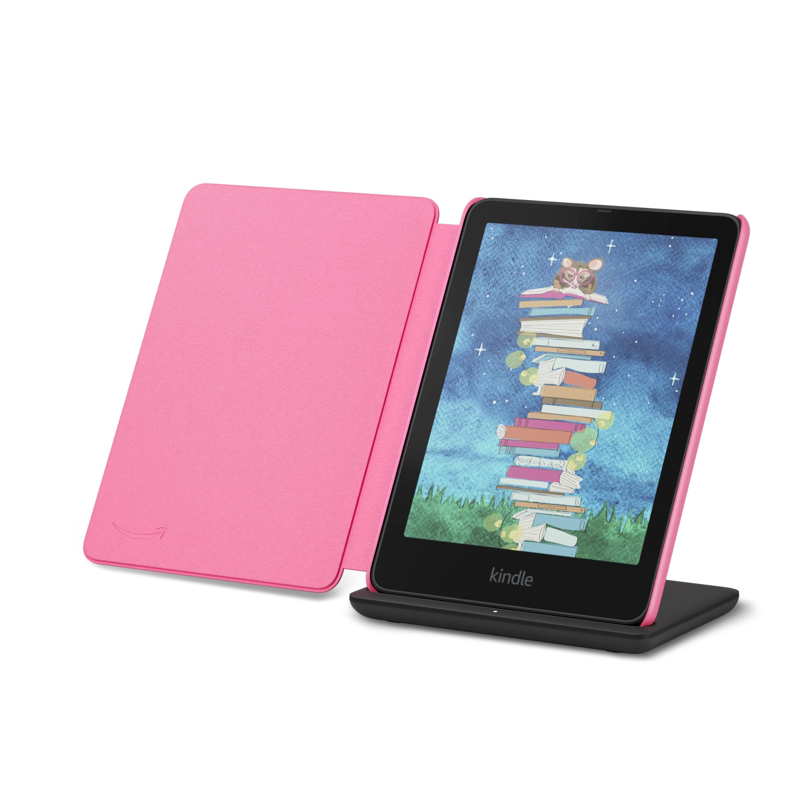 Introducing Amazon Kindle Colorsoft Signature Edition Essentials Bundle including Kindle Colorsoft Signature Edition (32GB)- Black, Plant-Based Leather Cover-Raspberry and Wireless Charging Dock