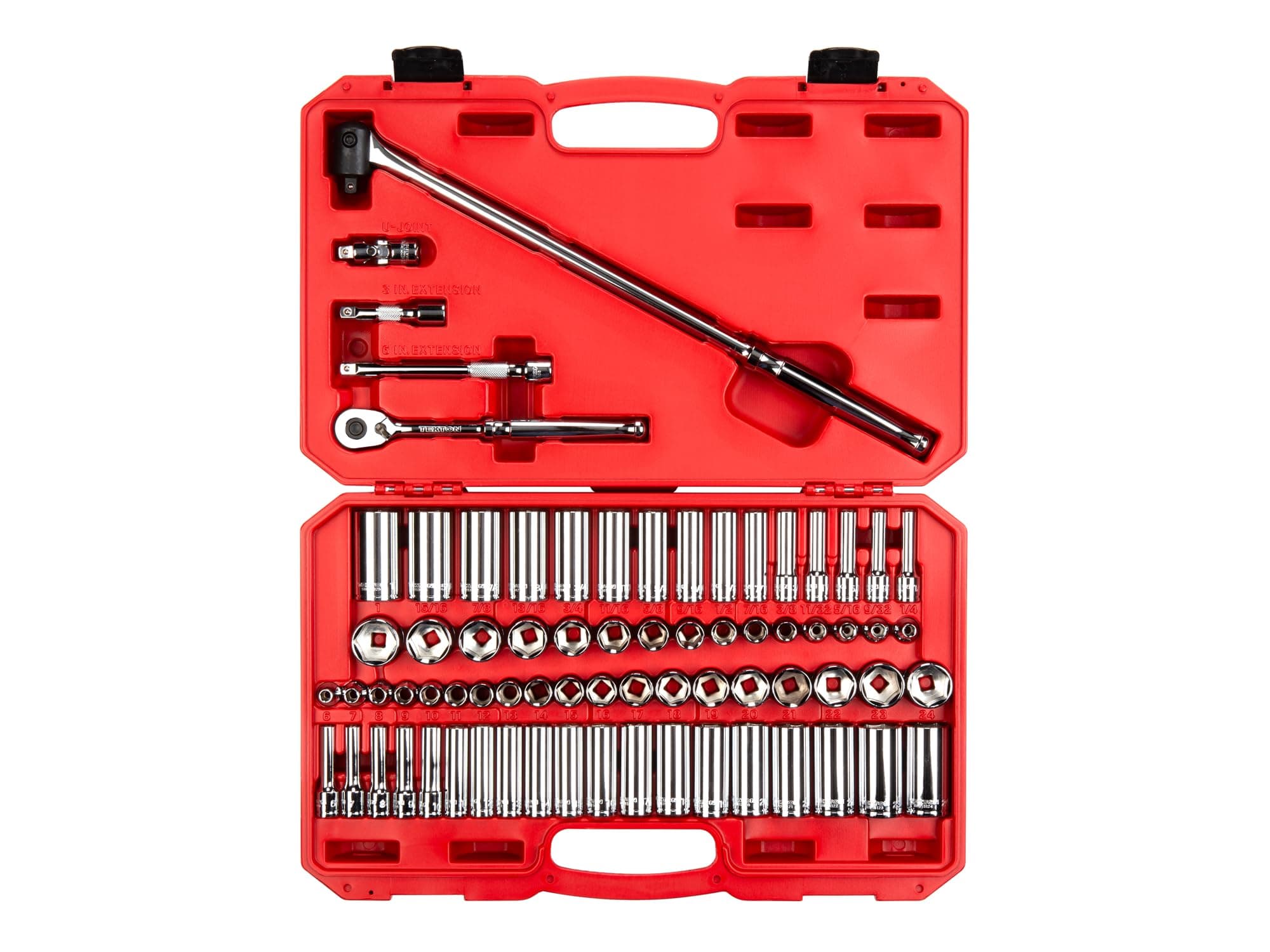 TEKTON 3/8 Inch Drive 6-Point Socket and Ratchet Set, 73-Piece (1/4-1 in., 6-24 mm) | SKT15311