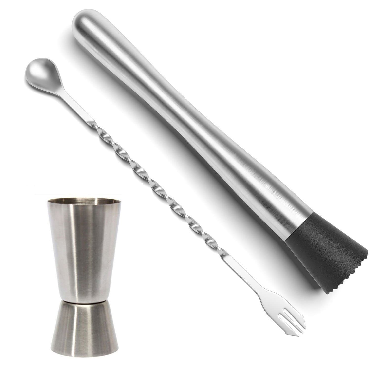 Stainless Steel Cocktail Muddler, Mixing Spoon, Jigger Set, Bar Tool Essentials