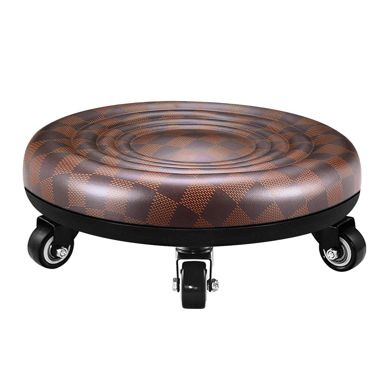 Lanstics Low Roller Seat Stool with Universal Swivel Wheels Leather Seat Chair on Wheels for Home Office Fitness (Brown)