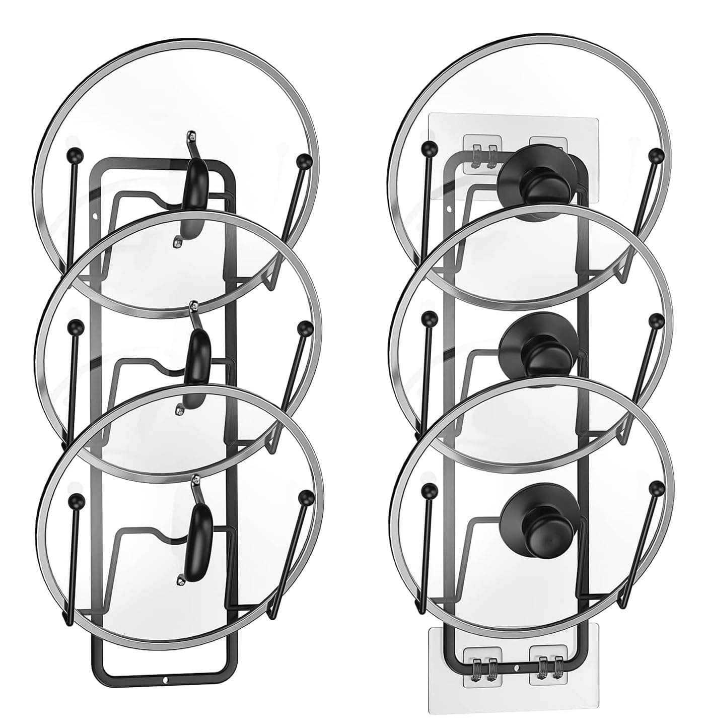 2 Pack Pot Lid Organizer Rack, 6 Tier Pot Lids Holder for Cabinet Door/Wall Mount, Reusable Pot Lid Rack Holder for Kitchen Storage with No Drilling Adhesive