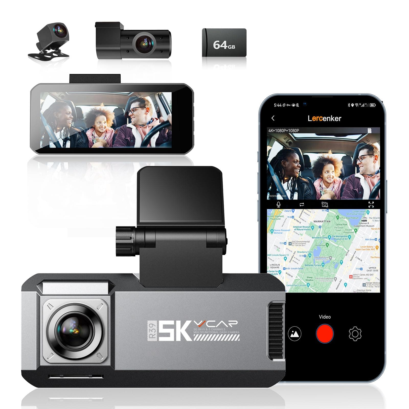 R39 Dash Cam Front and Rear Inside 3 Channel Dashcam for Cars, 5K UHD 3 Ways Dash Camera with 5G WiFi GPS, 3.99” Touch Screen, Night Vision, Loop Recording, Parking Monitor, Free 64GB Card