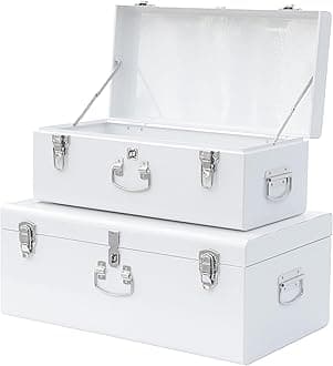 Vixdonos Decorative Large Metal Box Storage Trunk Chest Set of 2 College Dorm Organizer with Hardware Hasps and Handle for Home Deocr,23.7X14.2X9.5 Inches