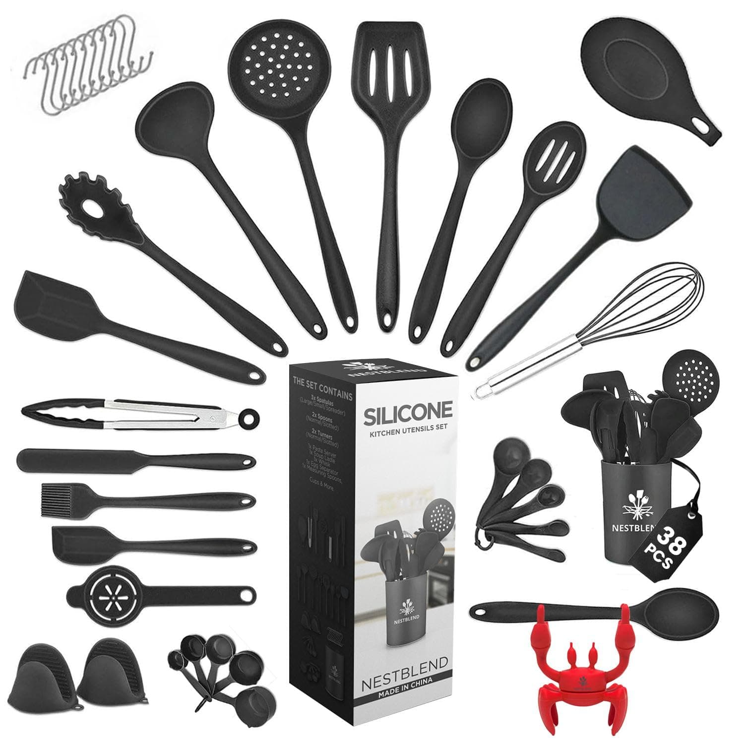 – Nonstick Kitchen Utensils Set - Silicone Kitchen Cookware Gadgets with Holder - Spoon Holder - Heat Resistant - Dishwasher Safe - BPA Free - 38 Pieces (Black)
