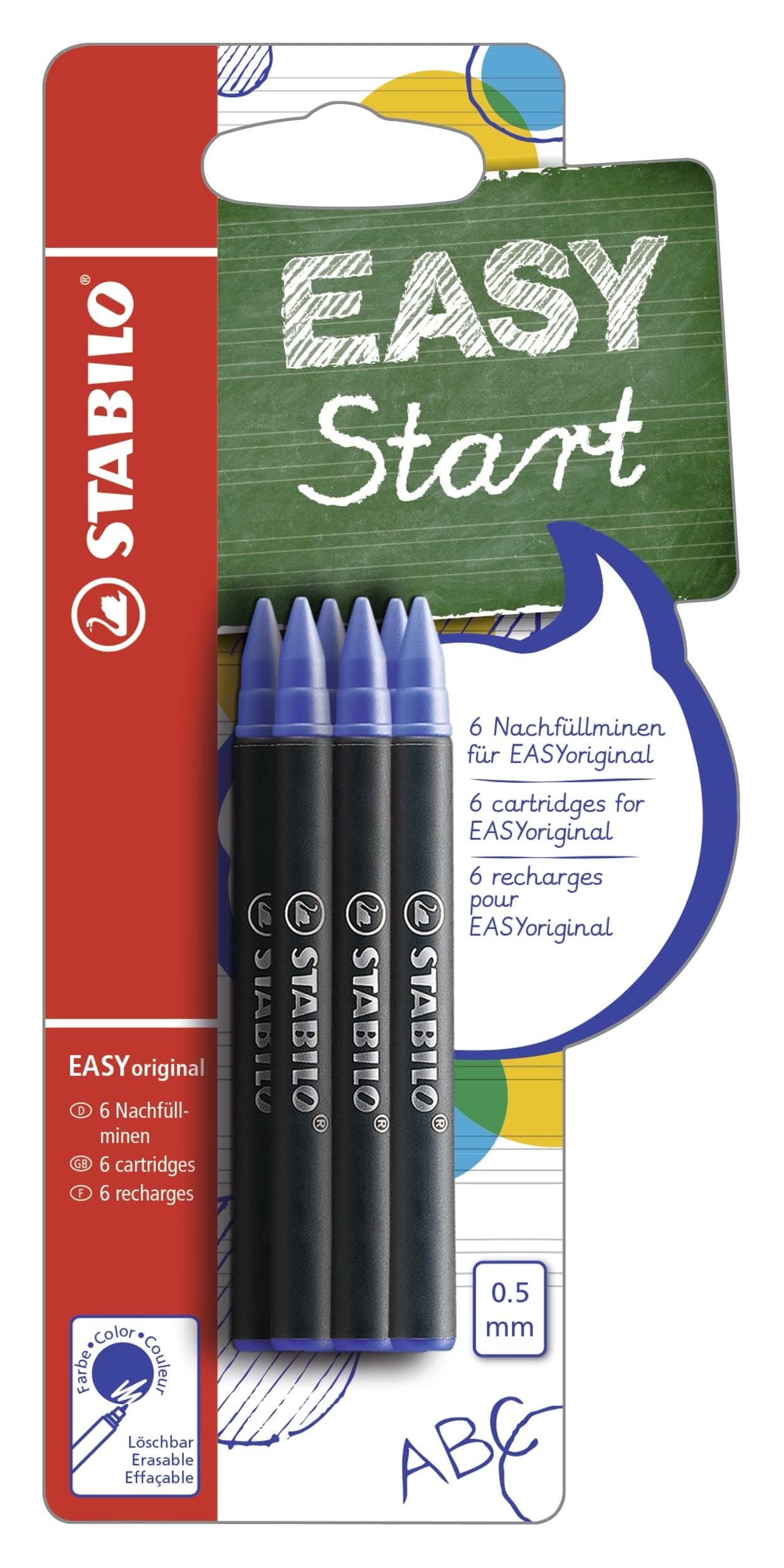 STABILO EASYoriginal Ergonomic Rollerball Refill - Pack of 6 - Blue