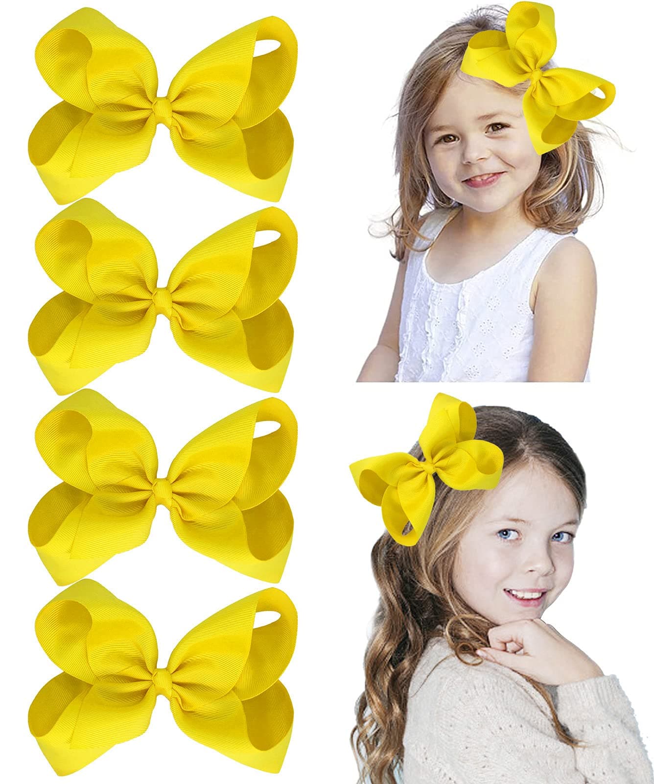 4 PCS 6" Big Hand-made Grosgrain Ribbon Solid Color Hair Bows Alligator Clips Hair Accessories for Little Teen Toddler Girls Kids Set of4 (Yellow)