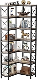 Tribesigns L Shaped Rack, Open Shelf, Corner Bookcase, 7 Tiers, Corner Rack, Wood Shelf, Wooden Open Rack, Gray, Living Room Storage Rack, Display Rack, W23.6 x D23.6 x H78.7 inches (W60 x D60 x H200 cm)