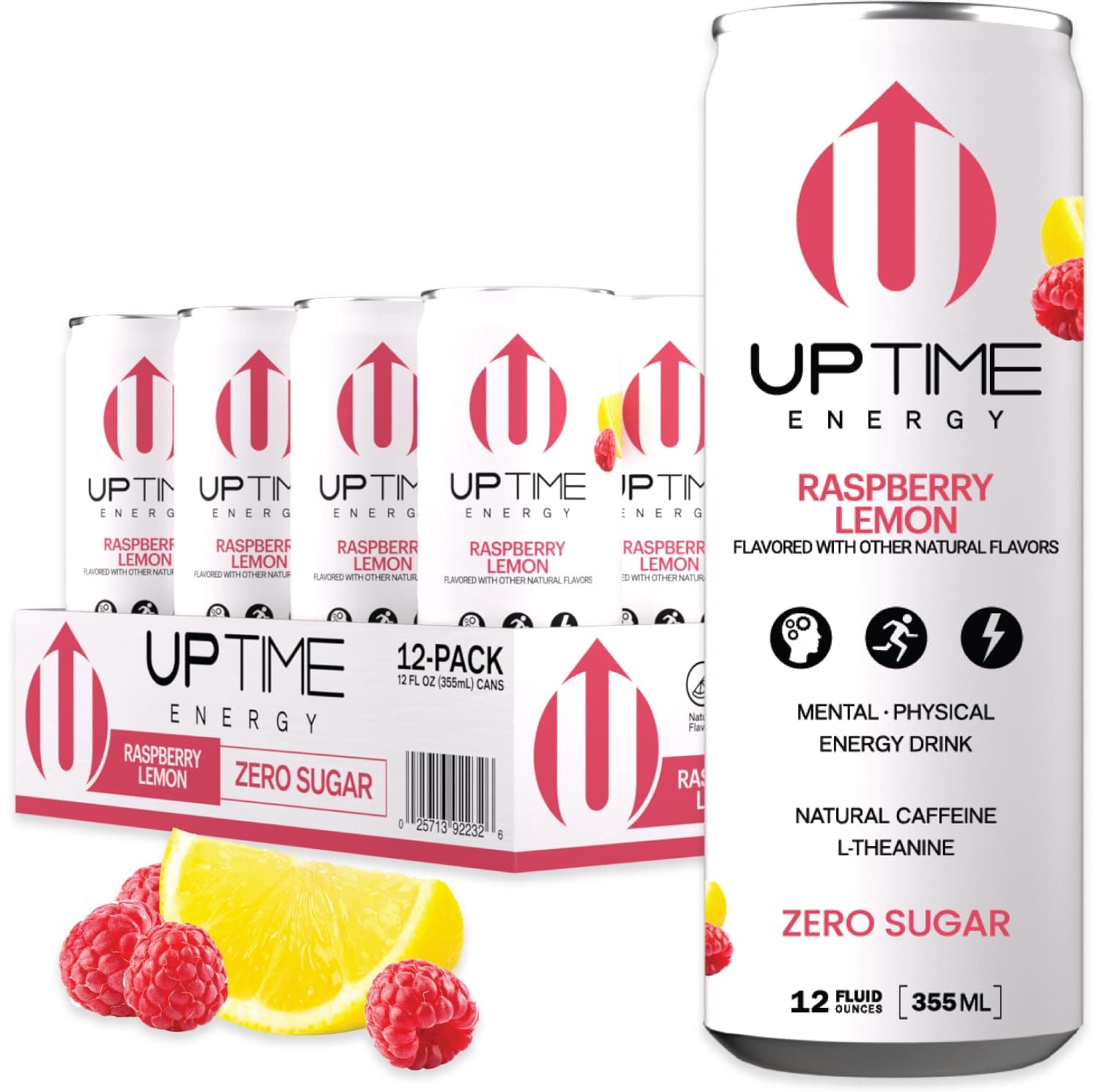 Energy Drink, Raspberry Lemon Sparkling, 12 Pack, Vitamin C, L Theanine, Calcium, Sugar Free Energy Drinks for Focus Support, 142mg of Natural Caffeine, 5 Calories, Natural, 12 fl oz Cans