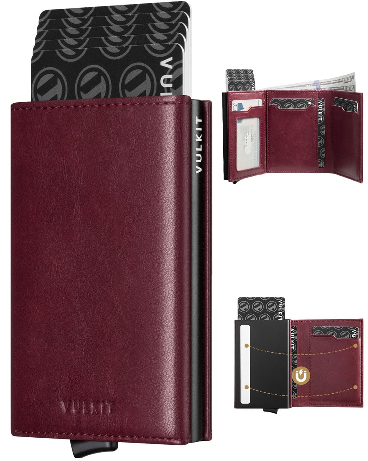 VULKIT Credit Card Holder with Banknote Compartment RFID Blocking Pop up Leather Card Wallet with ID Window(Wine)