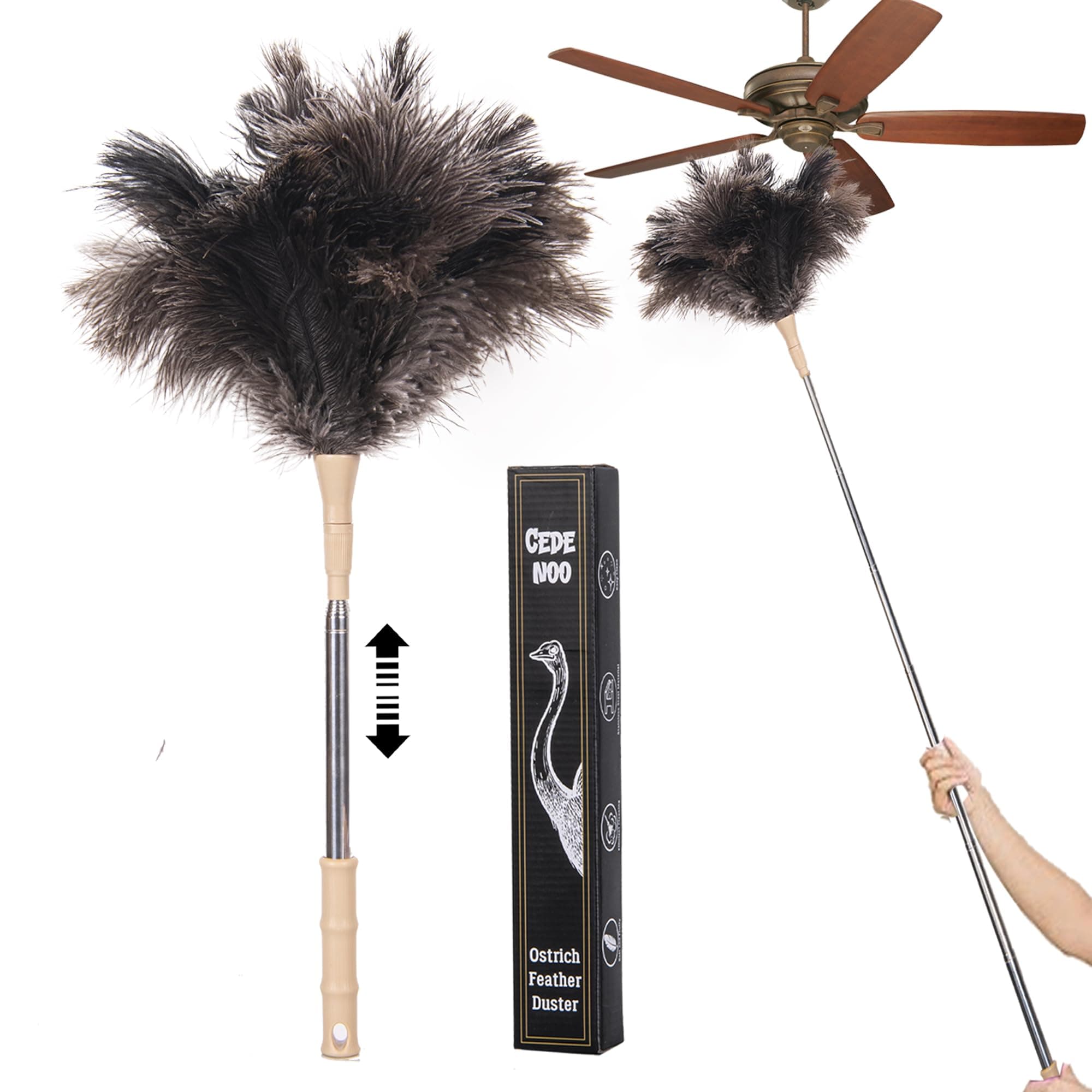 Extendable Ostrich Feather Duster, Natural Ostrich Feathers Long Handle Duster for Cleaning, 47” Soft & Fluffy Feather Duster for High Ceilings, Fans, Walls, Furniture, Home Dusting