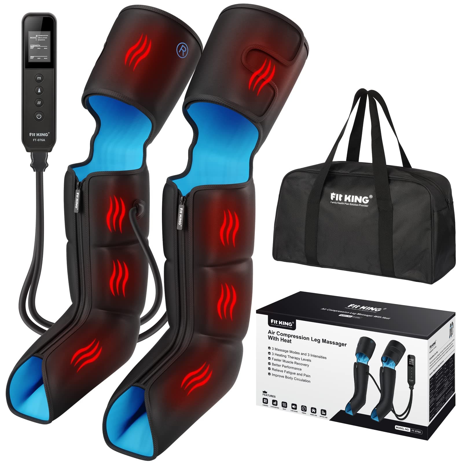 FIT KING Air Compression Leg Massager with Heat and Compression for Circulation and Pain Relief, Full Leg & Foot Massager for Swelling Edema RLS with Pressure Sensor LCD Display for Dad Mom Wife