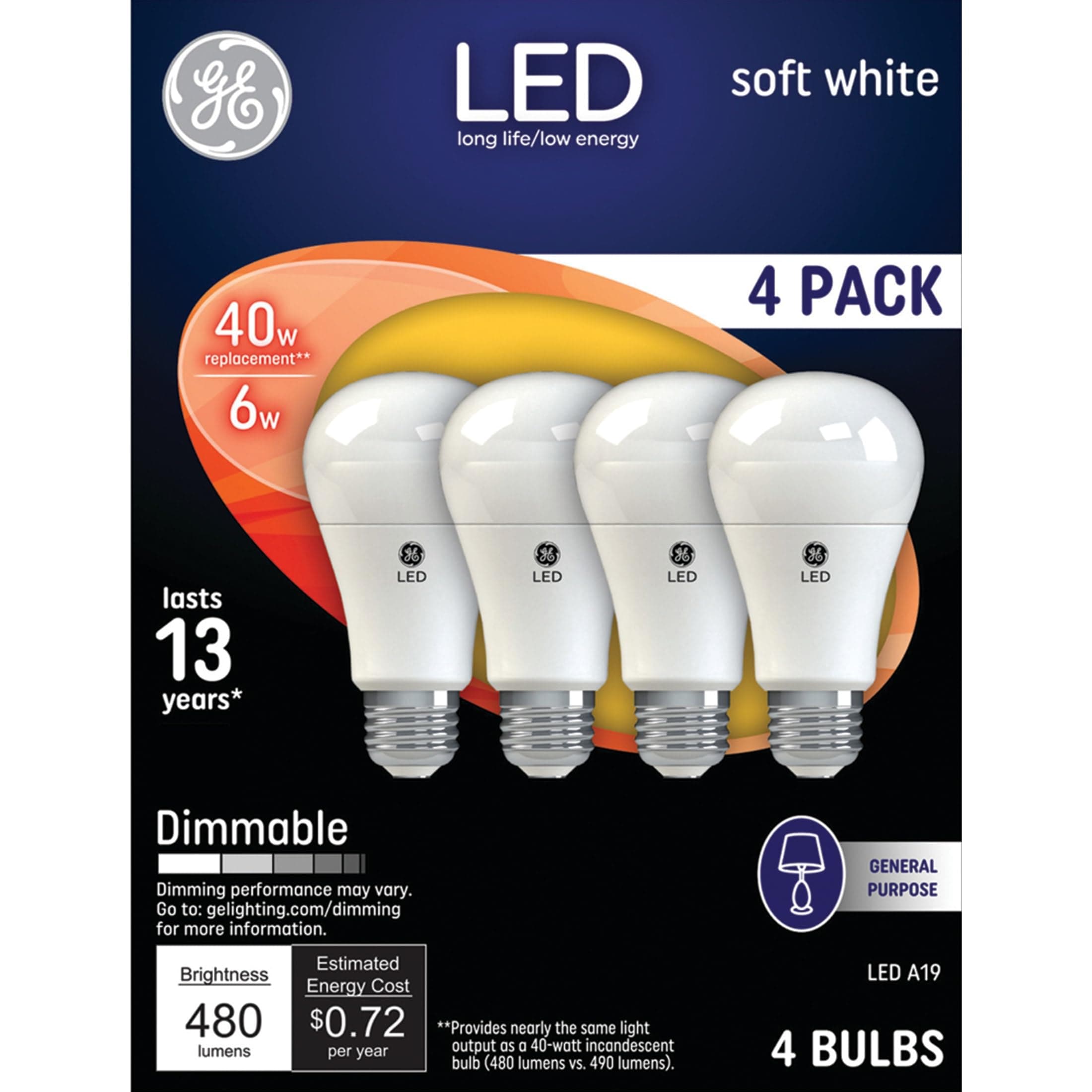 GE Lighting 67607 LED A19 Light Bulb with Medium Base, 7-Watt, Soft White, 4-Pack, Piece